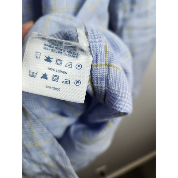 Lands End Baird McNutt Irish Linen Mens Button Up Sz 15.5/34 plaid beach summer - Picture 6 of 8